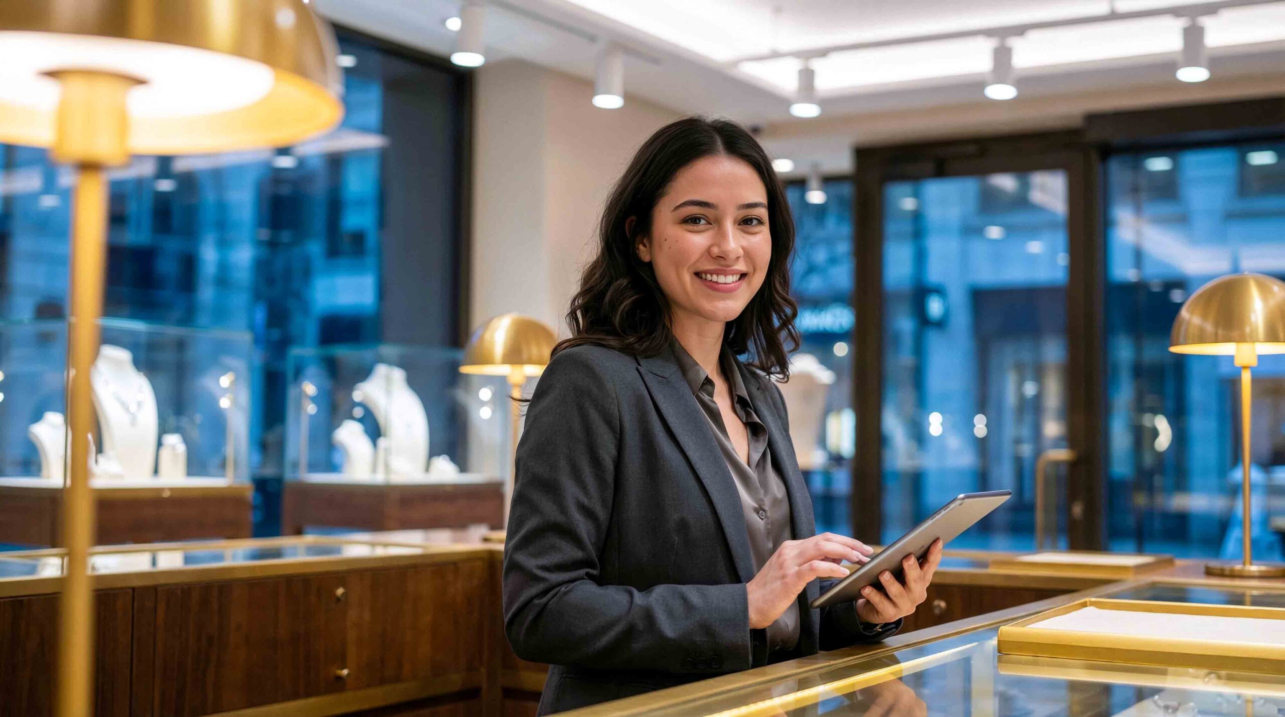 female jewelry store employee in a business suit stands in front of a display case, smiling and holding a tablet