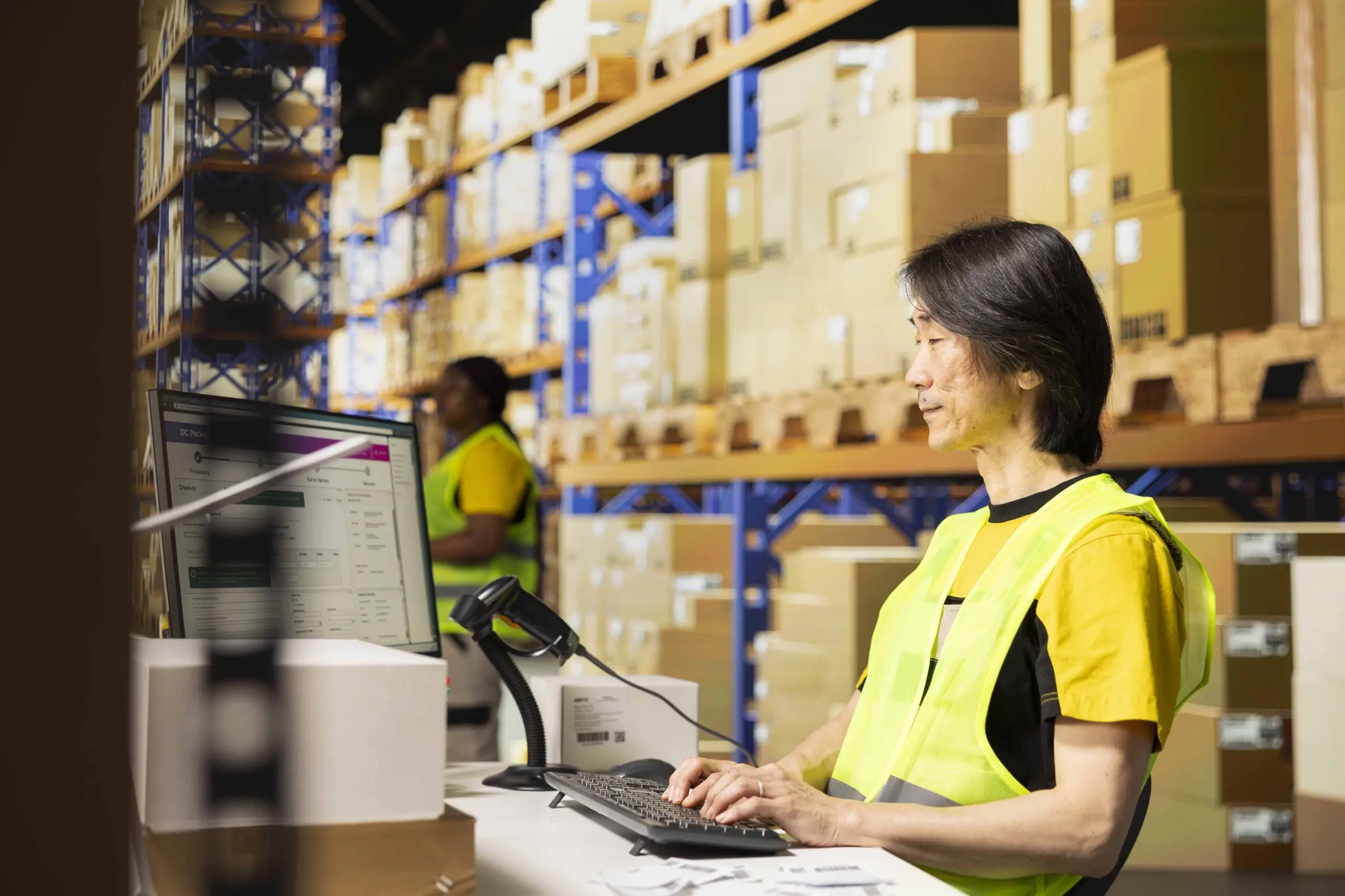 Asian man overseeing merchandise inventory systems on computer