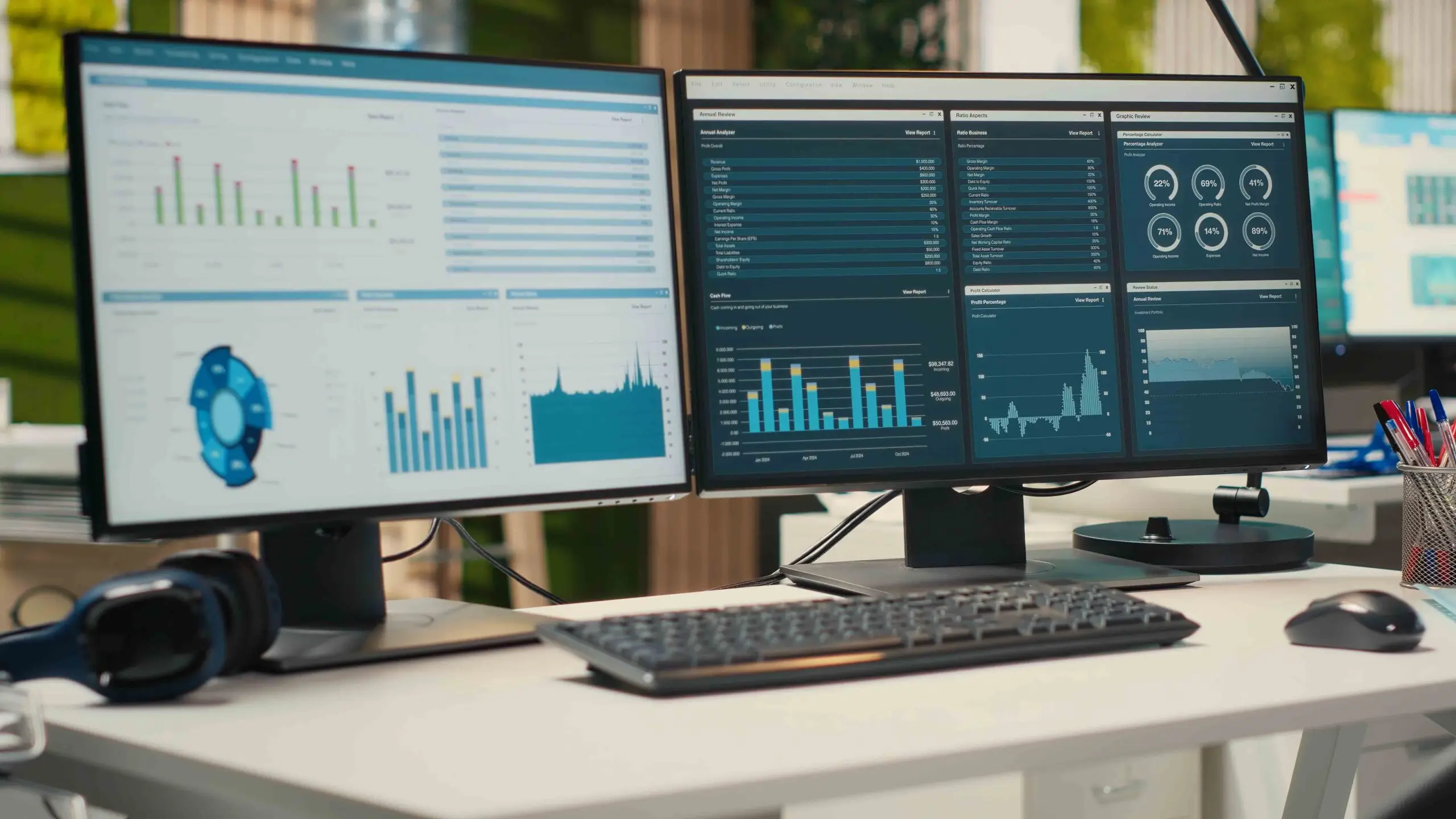 Empty professional office with high tech technology and dual monitors
