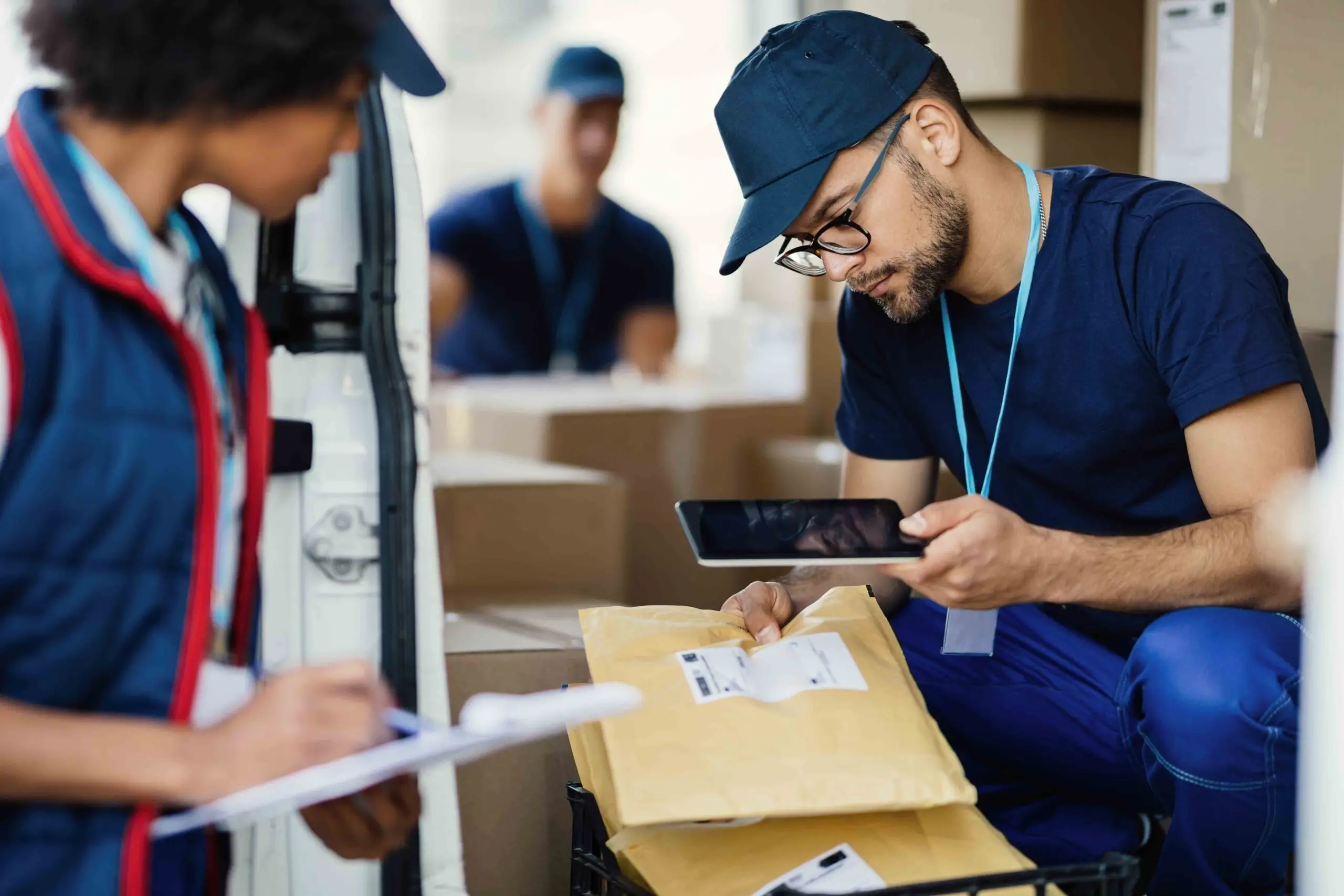 Two workers preparing packages for delivery and scanning bar cod